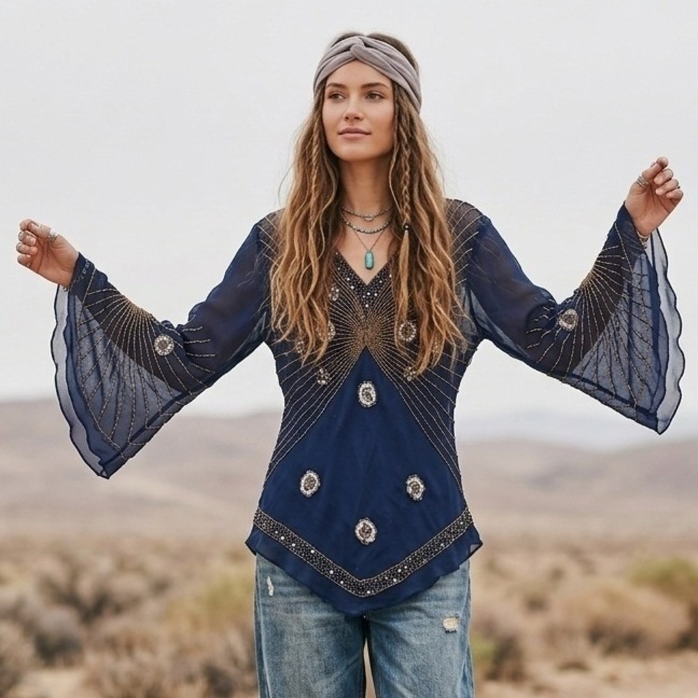 Vintage Indian Hand Beaded Tunic Top Navy Boho Festival Fairycore Bias Blouse